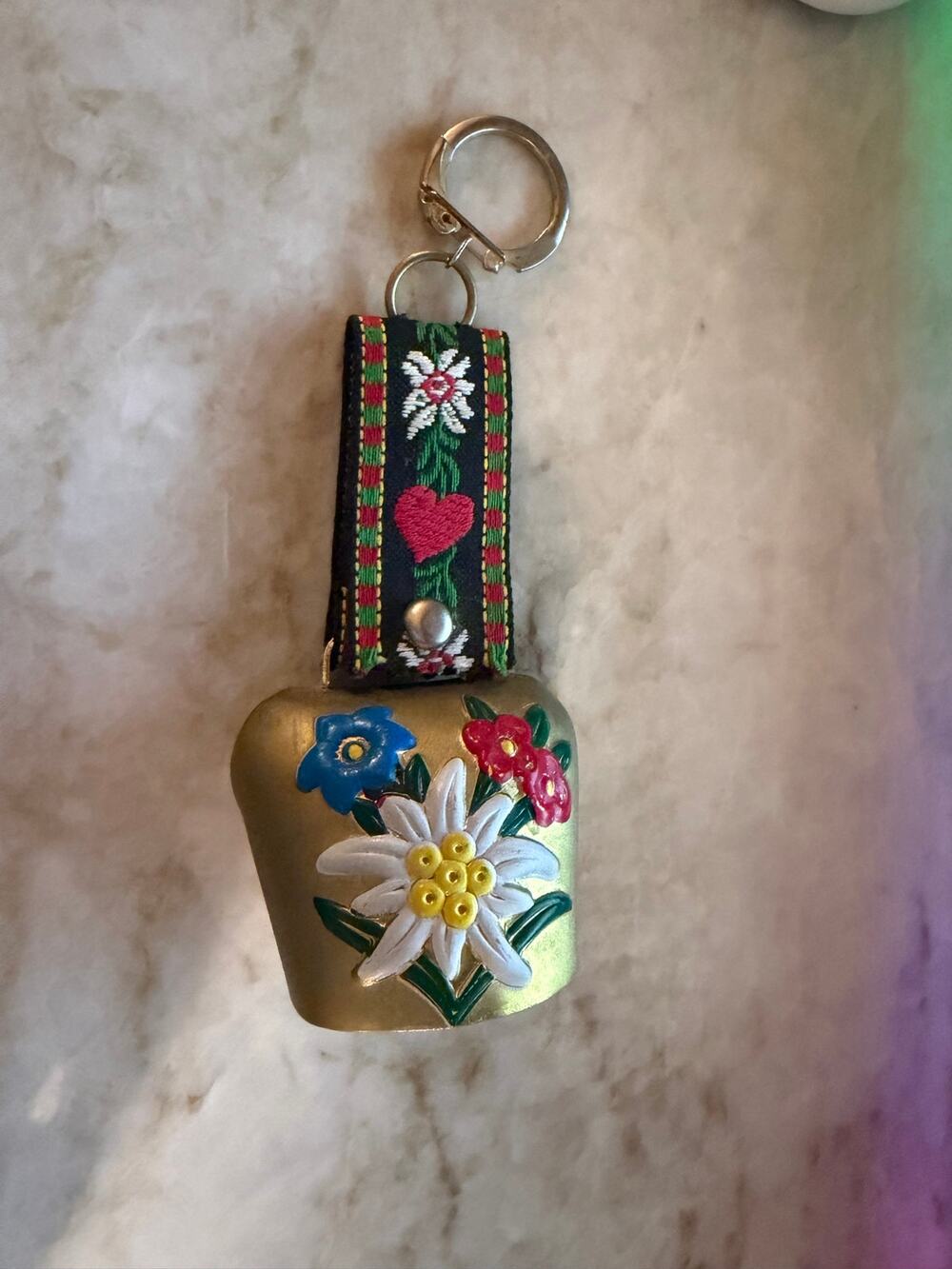 Vintage European Keychain with bell handpainted 5"